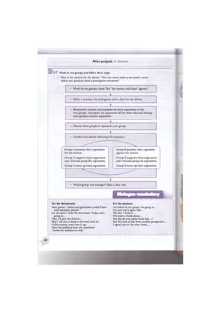 Mini-project: A debate
6 1 Work in two groups and follow these steps:
• Here is the motion for the debate: "You can never make a successful career
unless you graduate from a prestigious university".
Work in two groups: those "for" the motion and those "against".
Select a secretary for each group and a chair for the debate.
Brainstorm reasons and examples for your arguments in the
two groups. Anticipate the arguments of the other side and develop
your group's counter-arguments.
Choose three people to represent your group.
Conduct the debate following this sequence:
Г
V
Group A presents their arguments
for the motion.
Group A supports their arguments
and criticises group B's arguments.
Group A sums up their arguments.
V
Group В presents their argument
against the motion.
Group В supports their arguments
and criticises group A's arguments.
Group В sums up their arguments.
J
Which group was stronger? Take a class vote.
Dialogue vocabulary
'. For the chairperson: For the speakers:
Dear guests / Ladies and gentlemen, could I have On behalf of our group, I'm going to...
! your attention, please? I'm sure you'll agree that...
Let me open / close the discussion. Today we're The fact / truth is...
: going to... We need to think about...
Now, I'll give the floor to... Yes, but do you really think that...?
May I ask you to keep to the time limit of... Yes, but look at this from another perspective...
I Unfortunately, your time is up. I agree, but on the other hand,...
* Does the audience have any questions?
' I invite the audience to vote.
62
 