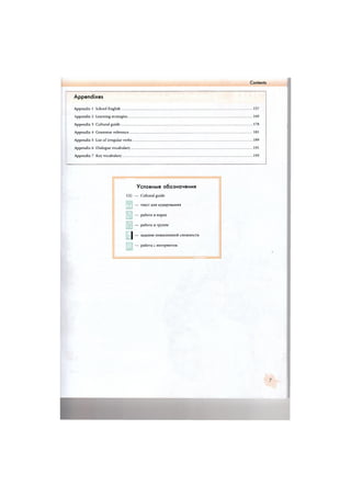 Contents
i
Appendixes
Appendix 1 School English 157
Appendix 2 Learning strategies 169
Appendix 3 Cultural guide 178
Appendix 4 Grammar reference 181
Appendix 5 List of irregular verbs 189
Appendix 6 Dialogue vocabulary 191
Appendix 7 Key vocabulary 193
Условные обозначения
CG — Cultural guide
— текст для аудирования
— работа в парах
— работа в группе
| — задание повышенной сложности
— работа с интернетом
А
 
