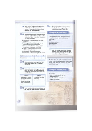 ИВНВнНнма
3 8 What kind of professional and personal
qualities do you think you need to
become a good engineer? Make a list of
qualities. Use your Workbook.
3 9 Listen to the interviews with some young
engineers and match the speakers to the
statements. There is one extra statement.
Use your Workbook.
a) Engineering is as important as any other
profession.
b) Working in different fields helps you to
make the right choice for yourself.
c) You can learn a lot from doing a project
from the very beginning to the end.
d) There is a lot of variety of technical
solutions in engineering.
e) Engineering involves lots of travel.
f) Engineering is about working for the future.
Speaker 1 2 3 4 5
Statement
4 0 Listen to the interviews again and add
to the mind map in Ex. 37. Use your
Workbook.
4 3 Work in pairs. Discuss the question:
Would you choose engineering as a
future career? Why? / Why not?
Dialogue vocabulary
I would definitely (not) choose engineering
as a future career for several reasons.
First of all,...
Also,...
In addition to this,...
What about you?
If you ask me,...
4 4 Read the message taken from Message
Board on Study Skills and decide what
kind of advice you would give her. Share
your advice with your classmates.
My dear, I feel I'm really behind the class in
Maths. I don't understand it and I can't make
myself study. How can I improve my study
skills? Please help!
4 1 Listen to the interviews again and write
down the positive and negative aspects
of choosing engineering as a career. Use
your Workbook.
Positive Negative
It was a very skilled
job which I learned a
lot from.
It is at the cutting
edge of technology.
It is seen as dull and
unexciting.
4 2 Work in pairs. Add your own ideas to the
list. Share the ideas with your classmates.
90
Dialogue vocabulary
llii
If I were her...
I think it is important for her to.
I believe she should...
I would..., if I were in her place.
I suggest she should...
 
