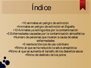 Índice
●10 animalesen peligro deextinción
●Animalesen peligro deextinción en España
●10Animalesyaextinguidospor lacontaminación
●5 Enfermedadescausadaspor lacontaminación atmosférica
●Numero depersonasquemueren acausadeestas
enfermedades
●5 residuostóxicosdeuso cotidiano
●Ritmo al quesehareducido laselvaamazónica
●Ritmo al queseaumentael tamaño delosdesiertossecos
●Ritmo dedeshielo delospolos
 