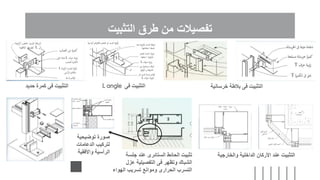 ‫التثبيت‬ ‫طرق‬ ‫من‬ ‫تفصيالت‬
‫خرسان‬ ‫بالطة‬ ‫فى‬ ‫التثبيت‬
‫ية‬
‫فى‬ ‫التثبيت‬
L angle
‫حديد‬ ‫كمرة‬ ‫فى‬ ‫التثبيت‬
‫والخارجية‬ ‫الداخلية‬ ‫األركان‬ ‫عند‬ ‫التثبيت‬
‫جلسة‬ ‫عند‬ ‫الستائرى‬ ‫الحائط‬ ‫تثبيت‬
‫عزل‬ ‫التفصيلية‬ ‫فى‬ ‫وتظهر‬ ‫الشباك‬
‫الهواء‬ ‫تسريب‬ ‫وموانع‬ ‫الحرارى‬ ‫التسرب‬
‫توضيحية‬ ‫صورة‬
‫الدعامات‬ ‫لتركيب‬
‫واألفقية‬ ‫الرأسية‬
 