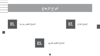01.
‫الزجاج‬ ‫أنواع‬
03.
‫ا‬ً‫ي‬‫حرار‬ ‫المقوي‬ ‫الزجاج‬ 02. ‫العازال‬ ‫الزجاج‬
‫للحريق‬ ‫المقاوم‬ ‫الزجاج‬
 