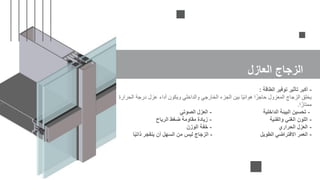 ‫العازل‬ ‫الزجاج‬
-
‫الطاقة‬ ‫توفير‬ ‫تأثير‬ ‫أكبر‬
:
‫الحرارة‬ ‫درجة‬ ‫عزل‬ ‫أداء‬ ‫ويكون‬ ‫والداخلي‬ ‫الخارجي‬ ‫الجزء‬ ‫بين‬ ‫ًا‬‫ي‬‫هوائ‬ ‫ا‬ً‫حاجز‬ ‫المعزول‬ ‫الزجاج‬ ‫يخلق‬
‫ا‬ً‫ممتاز‬
.
-
‫الداخلية‬ ‫البيئة‬ ‫تحسين‬
-
‫الصوتي‬ ‫العزل‬
-
‫والفنية‬ ‫الغني‬ ‫اللون‬
-
‫الرياح‬ ‫ضغط‬ ‫مقاومة‬ ‫زيادة‬
-
‫الحراري‬ ‫العزل‬
-
‫الوزن‬ ‫خفة‬
-
‫الطويل‬ ‫االفتراضي‬ ‫العمر‬
-
‫ا‬ً‫ي‬‫ذات‬ ‫ينفجر‬ ‫أن‬ ‫السهل‬ ‫من‬ ‫ليس‬ ‫الزجاج‬
 
