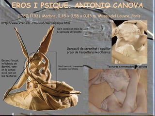 EROS I PSIQUE. ANTONIO CANOVA   (1787-1793). Marbre, 0,45 x 0,58 x 0,43 m. Museu del Louvre, París Textures extremadament polides Se’n coneixen més de 6 versions diferents Escorç forçat; influència de Bernini, tant en la compo-sició com en les textures Nucli central, transmissió de passió i erotisme Sensació de serenitat i equilibri, propi de l’escultura neoclàssica http://www.xtec.es/~fmolina6/4erosipsique.htm 