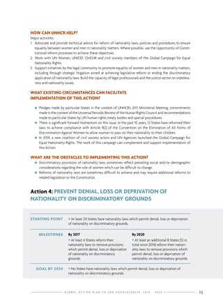 G L O B A L A C T I O N P L A N T O E N D S T A T E L E S S N E S S : 2 0 1 4 - 2 0 2 4 13
HOW CAN UNHCR HELP?
Major activities:
1.	 Advocate and provide technical advice for reform of nationality laws, policies and procedures to ensure
equality between women and men in nationality matters. Where possible, use the opportunity of Consti-
tutional reform processes to achieve these objectives.
2.	 Work with UN Women, UNICEF, OHCHR and civil society members of the Global Campaign for Equal
Nationality Rights.
3.	 Support initiatives by the legal community to promote equality of women and men in nationality matters,
including through strategic litigation aimed at achieving legislative reform or ending the discriminatory
application of nationality laws. Build the capacity of legal professionals and the justice sector on stateless-
ness and nationality issues.
WHAT EXISTING CIRCUMSTANCES CAN FACILITATE
IMPLEMENTATION OF THIS ACTION?
nn Pledges made by particular States in the context of UNHCR’s 2011 Ministerial Meeting, commitments
made in the context of the Universal Periodic Review of the Human Rights Council and recommendations
made to particular States by UN human rights treaty bodies and special procedures.
nn There is significant forward momentum on this issue. In the past 10 years, 12 States have reformed their
laws to achieve compliance with Article 9(2) of the Convention on the Elimination of All Forms of
Discrimination Against Women to allow women to pass on their nationality to their children.
nn In 2014, a new coalition of civil society actors and UN Agencies launched the Global Campaign for
Equal Nationality Rights. The work of this campaign can complement and support implementation of
this Action.
WHAT ARE THE OBSTACLES TO IMPLEMENTING THIS ACTION?
nn Discriminatory provisions of nationality laws sometimes reflect prevailing social and/or demographic
considerations regarding the role of women which can be difficult to change.
nn Reforms of nationality laws are sometimes difficult to achieve and may require additional reforms to
related legislation or the Constitution.
STARTING POINT • At least 20 States have nationality laws which permit denial, loss or deprivation
of nationality on discriminatory grounds.
GOAL BY 2024 • No States have nationality laws which permit denial, loss or deprivation of
nationality on discriminatory grounds.
MILESTONES By 2017
• At least 4 States reform their
nationality laws to remove provisions
which permit denial, loss or deprivation
of nationality on discriminatory
grounds.
By 2020
• At least an additional 8 States (12 in
total since 2014) reform their nation-
ality laws to remove provisions which
permit denial, loss or deprivation of
nationality on discriminatory grounds.
Action 4: PREVENT DENIAL, LOSS OR DEPRIVATION OF
NATIONALITY ON DISCRIMINATORY GROUNDS
 