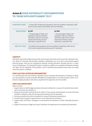 G L O B A L A C T I O N P L A N T O E N D S T A T E L E S S N E S S : 2 0 1 4 - 2 0 2 4 21
STARTING POINT • At least 20% of States have populations which are entitled to nationality under
law but cannot acquire documentary proof of nationality.
GOAL BY 2024 • No States have populations which are entitled to nationality under law but
which cannot acquire documentary proof of nationality.
MILESTONES By 2017
• The percentage of States with
populations that are entitled to
nationality under law but cannot
acquire documentary proof of
nationality is reduced to 15%.
By 2020
• The percentage of States with
populations that are entitled to
nationality under law but cannot
acquire documentary proof of
nationality is reduced to 10%.
Action 8: ISSUE NATIONALITY DOCUMENTATION
TO THOSE WITH ENTITLEMENT TO IT
CONTEXT
Individuals may be left stateless because they cannot acquire documents which prove their nationality. How-
ever, denial of nationality documentation leading to statelessness can occur due to discrimination against
particular groups, which are not recognised as nationals. Existing information indicates that this is a major
cause of statelessness. The Starting Point above is based on available, but incomplete information and does
not reflect the full magnitude of the problem. Lack of nationality documentation alone does not usually
mean that a person is stateless.
HOW CAN THIS ACTION BE IMPLEMENTED?
It is vital that those who are entitled to nationality receive nationality documentation. Procedures to obtain
such documentation must be accessible, affordable and implemented in a non-discriminatory manner. Cum-
bersome, lengthy procedures and onerous requirements for applicants are to be avoided.
HOW CAN UNHCR HELP?
Major Activities:
1.	 Support States to identify legal, procedural and practical obstacles to issuance of nationality documenta-
tion to those who are entitled to it.
2.	 Advocate and provide technical advice for reform of laws, policies and procedures to ensure that those
entitled to nationality under the law acquire documentary proof of nationality.
3.	 Promote accessible and uniform procedures for issuing of nationality documentation.
4.	 Provide technical support to governments to issue nationality documentation.
5.	 Support public information campaigns to raise awareness of procedures to obtain nationality documen-
tation.
6.	 Support the provision of legal aid to assist individuals with applications for nationality documentation.
 