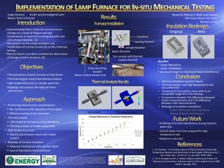 •Understanding how a materials microstructure
changes as a result of fatigue and high
temperatures is important to designing with new
ultra strong materials. [1]
•This study is on the implementation and
modification of a lamp furnace for in-situ materials
testing.
•Neutron beam is an ideal candidate for observation
of change in micro structure. [2]
• The Installation of lamp furnace on load frame
• Thermal analysis using finite element analysis
• High temperature test on sample specimen
• Redesign of insulation for reduced beam
interference.
• Positioning lamp furnace considerations:
 No interference with operation of test stand
 Effective heating of test specimen
• Thermal analysis
 CAD model of test set up using solidworks
 Thermal analysis of model using Ansys
• High temperature test
 Record and compare result with model
analysis
• Redesign of furnace insulation
 Reduced interference with neutron beam
 Easy of fabrication and installation
Test sample with thermal
couple attached
Insulation
Heating Element
Beam Direction
Sample Rotation
Water Cooled Sample Grip
3 axis mounting
bracket
Wire Mesh Thermal Analysis
Original New
Benefits:
• Easier fabrication
• Easier installation
• Increased height for decreased beam interference
• Optimal installation position found
• Thermal analysis and high temperature test
was preformed
• Temperature fluctuations were with in an
acceptable range for in-situ testing
• Comparison showed >1% difference between
center measurements and >2% difference
between side measurements
• Redesign of insulation completed
•Easier fabrication and installation
•Reduced beam interference
• Profiling of furnace interference during neutron
beam test
• Submit beam line time proposal for high
temperature test
• Perform in-situ test
1. M. Yashima, “In situ Observations of Phase Transition Using High-
Temperature Neutron and Synchrotron X-Ray Powder Diffractometry,” J.
Am. Ceram. Soc., vol. 85, no. 12, pp. 2925–2930, 2002.
2. M. A. Krivoglaz and O. A. Glebov, Diffuse Scattering of X-Rays and
Neutrons by Fluctuations, Softcover reprint of the original 1st ed. 1996
edition. Springer, 2011.
The Research Alliance in Math and Science program is sponsored by the Office of Advanced Scientific
Computing Research, U.S. Department of Energy. The work performed at the Oak Ridge National
Laboratory, which is managed by UT-Battelle, LLC under Contract De-AC05-00OR22725. This work
has been authored by a contractor of the U.S. Government, accordingly, the U.S. Government, retains
a nonexclusive, royalty-free license to publish or reproduce the published form of this contribution, or
allow others to do so, for U.S. Government purposes.
Research Alliance in Math and Science
SNS Vulcan Beam line Team
Mentor: Ke An
Jorge Cisneros Email: jscisneros@gmail.com
Wayne State University
0
200
400
600
800
1000
1200
0 200 400 600 800 1000 1200
Temperature(oC)
Set Point (oC)
Furnace Measured vs. Predicted Temperature
Measured Center
Predicted Center
Measured Side
Predicted Side
 