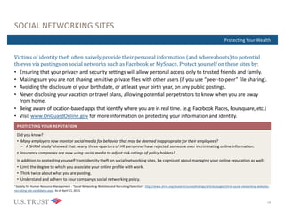 Where Are You Now?Protecting Your Wealth
SOCIAL NETWORKING SITES
Victims of identity theft often naively provide their personal information (and whereabouts) to potential
thieves via postings on social networks such as Facebook or MySpace. Protect yourself on these sites by:
• Ensuring that your privacy and security settings will allow personal access only to trusted friends and family.
• Making sure you are not sharing sensitive private files with other users (if you use “peer-to-peer” file sharing).
• Avoiding the disclosure of your birth date, or at least your birth year, on any public postings.
• Never disclosing your vacation or travel plans, allowing potential perpetrators to know when you are away
from home.
• Being aware of location-based apps that identify where you are in real time. (e.g. Facebook Places, Foursquare, etc.)
• Visit www.OnGuardOnline.gov for more information on protecting your information and identity.
1 Society for Human Resource Management - "Social Networking Websites and Recruiting/Selection": http://www.shrm.org/research/surveyfindings/articles/pages/shrm-social-networking-websites-
recruiting-job-candidates.aspx. As of April 11, 2013.
PROTECTING YOUR REPUTATION
Did you know?
• Many employers now monitor social media for behavior that may be deemed inappropriate for their employees?
– A SHRM study1 showed that nearly three-quarters of HR personnel have rejected someone over incriminating online information.
• Insurance companies are now using social media to adjust risk-ratings of policy holders?
In addition to protecting yourself from identity theft on social networking sites, be cognizant about managing your online reputation as well:
• Limit the degree to which you associate your online profile with work.
• Think twice about what you are posting.
• Understand and adhere to your company's social networking policy.
14
 