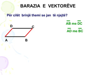 BARAZIA E VEKTORËVE
A B
D C
Për cilët brinjë themi se jan të njejtë?
AB me DC
AD me BC
 