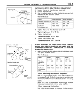 ENGINE <4G9-MPI> – On-vehicle Service 11B-7
ALTERNATOR DRIVE BELT TENSION ADJUSTMENT
1. Loosen the nut of the alternator pivot bolt.
2. Loosen the lock bolt.
3. Use the adjusting bolt to adjust the belt tension and belt
deflection to the standard values.
Standard value:
Items When adjusted When replaced
Vibration frequency Hz 155 – 175 203 – 234
Tension N 343 – 441 588 – 784
Deflection
(Reference) mm
10.5 – 12.0 6.7 – 8.5
4. Tighten the nut of the alternator pivot bolt.
Tightening torque: 44 ± 10 N·m
5. Tighten the lock bolt.
Tightening torque: 23 ± 2 N·m
6. Tighten the adjusting bolt.
Tightening torque: 5.0 ± 1.0 N·m
POWER STEERING OIL PUMP DRIVE BELT <Vehicles
without A/C>, POWER STEERING OIL PUMP AND A/C
COMPRESSOR DRIVE BELT <Vehicles with A/C> TENSION
CHECK AND ADJUSTMENT
1. Check if the belt tension is within the standard value using
one of the methods below.
Standard value:
Items When
checked
When
adjusted
When
replaced
Vibration
frequency
Hz
114 – 139 121 – 133 145 – 166
Tension N 392 – 588 441 – 539 637 – 833
Deflection
(Reference)
mm
10.0 – 12.0 10.0 – 11.0 7.0 – 9.0
<When measuring the vibration frequency>
With your finger tip lightly tap the centre of the belt between
the pulleys in the location shown by the arrow in the
illustration and then measure the belt vibration frequency.
NOTE
Refer to P.11B-6 for information regarding the vibration
frequency measurement method using MUT-II.
<When measuring the tension>
Use a belt tension gauge to measure the belt tension.
Adjusting bolt
Lock bolt
<Vehicles without A/C>
<Vehicles with A/C>
Oil pump pulley
Crankshaft
pulley
Tension
pulley
A B
Oil pump pulley
Crankshaft
pulley
Tension
pulley
A B
A/C
compressor
pulley
 