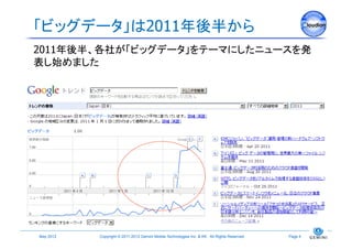 「ビッグデータ」は2011年後半から	
2011年後半、各社が「ビッグデータ」をテーマにしたニュースを発
表し始めました	




May 2012	
   Copyright © 2011-2012 Gemini Mobile Technologies Inc. & KK All Rights Reserved.	
   Page 4	
 