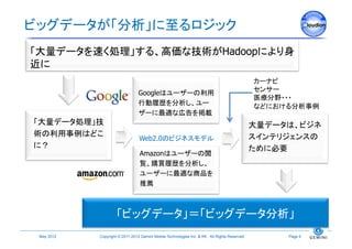 ビッグデータが「分析」に至るロジック	
「大量データを速く処理」する、高価な技術がHadoopにより身
近に	
                                                                                                  カーナビ
                                                                                                  センサー
                                   Googleはユーザーの利用
                                                                                                  医療分野・・・
                                   行動履歴を分析し、ユー                                                    などにおける分析事例
                                   ザーに最適な広告を掲載	
「大量データ処理」技                                                                                        大量データは、ビジネ
術の利用事例はどこ                                                                                         スインテリジェンスの
                                   Web2.0のビジネスモデル	
に？	
                                                                                              ために必要	
                                   Amazonはユーザーの閲
                                   覧、購買履歴を分析し、
                                   ユーザーに最適な商品を
                                   推薦	



                       「ビッグデータ」＝「ビッグデータ分析」	
 May 2012	
   Copyright © 2011-2012 Gemini Mobile Technologies Inc. & KK All Rights Reserved.	
        Page 8	
 