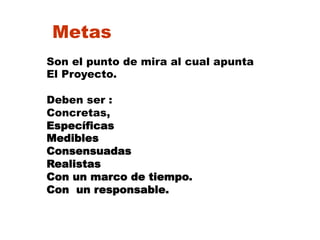 Metas
Son el punto de mira al cual apunta
El Proyecto.

Deben ser :
Concretas,
Específicas
Medibles
Consensuadas
Realistas
Con un marco de tiempo.
Con un responsable.
 
