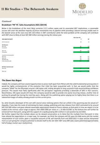 11 Bit Studios – The Behemoth Awakens
Continued
Breakdown “P8” PC Sales Assumptions 2021 (SEK M)
Below is the breakdown of the most likely scenarios 2-2.5 million copies and its associated EBIT implications, a reasonable
success will cover the absolute majority of future investments into its pipeline while providing a decent earnings profile even in
the bearish sense of the case circa SEK 150 million in EBIT contribution while the total portfolio of the company will contribute
with EBIT close to likely at least SEK 300 million earnings during the release year.
The Dawn Has Begun
Indeed, the company will have several opportunities to prove itself apart from P8 but with the solid fundamental prerequisites it
would be highly uncharacteristic of the evolution that 11bit has been acquainted with. In fact, we would prefer that the
company “failed” for the P8 project around <1M copies sold, ending abruptly its long successful track-record putting confidence
pressure. This would most likely significantly alter the perception negatively providing a downside of 50% in that scenario.
Nevertheless, 1M copies would still mean the company would be able to provide one yearly recurring release, another shot at
pushing the growth bar during the next few years. Along with the publishing option playing out its highly likely that there is an
substantial margin-of-safety already priced in at the current price.
So, what should a developer of this sort with several value realizing options that can unfold in the upcoming year be valued at?
Arguably, if you take the route of estimating the back catalog, publishing and new releases from 2022 estimated to be around
SEK 250-300 million and given altered reasonable expectations based on future releases at that point in time we expect it to be
traded at the intrinsic value range at approx. PLN 1400-1900 per share or c. 25-40x EV/EBIT as the bottom-line will further be
enhanced from that point, along with the support of a rapidly growing SEK 1 billion in cash position by end 2022.
We further expect that the multiple above can be skewed conservative as its likely that the multiple from that point in time
have altered the expectations in a major way. For example, we think the company will tilt upon the AAA arena and the market
interpretation of such action, given a successful outcome of P8, will intensify from end 2020-2021 in steps and be interpreted
more as such giving the company potential to elevate itself to the 1bn SEK+ EBIT area (4M sales copies potential)/approximately
half of todays market cap in bottomline).
Sales Copies (M)
Sales Copies First Year PC 2 2,5
ASP First Year Eur 30 35
Net Revenues
Bear case 383 558
Annualized 268 390
Base case 449 655
Annualized 314 458
Investment costs group level
Bear case 235 137
Base case 141 160
2021Base Case 170 170
Costs covered by sales 83% 94%
EBIT after investment costs
Bear Case 147 254
Base Case 173 298
 