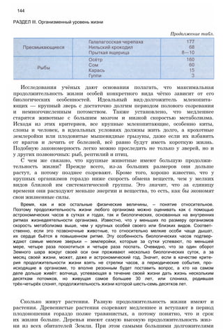 Исследования учёных дают основания полагать, что максимальная
продолжительность жизни особей конкретного вида чётко зависит от его
биологических особенностей. Идеальный вид-долгожитель млекопита­
ющих — крупный зверь с достаточно долгим периодом полового созревания
и немногочисленным потомством. Также установлено, что медленнее
старятся животные с большим мозгом и низкой скоростью метаболизма.
Исходя из этих критериев, все крупные млекопитающие, особенно киты,
слоны и человек, в идеальных условиях должны жить долго, а крохотные
землеройки или плодовитые мышевидные грызуны, даже если их избавить
от врагов и лечить от болезней, всё равно будут иметь короткую жизнь.
Подобную закономерность легко можно проследить не только у зверей, но и
у других позвоночных: рыб, рептилий и птиц.
С чем же связано, что крупные животные имеют большую продолжи­
тельность жизни? Прежде всего, из-за больших размеров они дольше
растут, а потому позднее созревают. Кроме того, хорошо известно, что у
крупных организмов гораздо ниже скорость обмена веществ, чем у мелких
видов близкой им систематической группы. Это значит, что за единицу
времени они расходуют меньше энергии и вещества, то есть, как бы экономят
свои жизненные силы.
Время, как и все остальные физические величины, — понятие относительное.
Поэтому продолжительность жизни любого организма можно оценивать как с помощью
астрономических часов в сутках и годах, так и биологических, основанных на внутренних
ритмах жизнедеятельности организма. Известно, что у меньших по размеру организмов
скорость метаболизма выше, чем у крупных особей своего или близких видов. Соответ­
ственно, если это позвоночные животные, то относительно мелкие особи чаще дышат,
их сердце бьётся в повышенном ритме. Эту особенность биологических часов подтвер­
ждают самые мелкие зверьки — землеройки, которые за сутки успевают, по меньшей
мере, четыре раза поохотиться и четыре раза поспать. Очевидно, что за один оборот
Земного шара вокруг своей оси они проживают несколько биологических суток, а за
месяц своей жизни, может, даже и астрономический год. Значит, если в качестве крите­
рия продолжительности жизни взять не стрелки часов, а периодические события, про­
исходящие в организме, то вполне резонным будет поставить вопрос, а кто на самом
деле дольше живёт: волчица, успевающая в течение своей жизни дать жизнь нескольким
десяткам потомков, но живущая самое большее 30 лет, или слониха, родившая
трёх-четырёх слонят, продолжительность жизни которой шесть-семь десятков лет.
Сколько живут растения. Разную продолжительность жизни имеют и
растения. Древенистые растения созревают медленнее и вступают в период
плодоношения гораздо позже травянистых, а потому понятно, что и срок
их жизни больше. Деревья имеют самую высокую продолжительность жиз­
ни из всех обитателей Земли. При этом самыми большими долгожителями
144
РАЗДЕЛ III. Организменный уровень жизни
Продолжение табл.
 