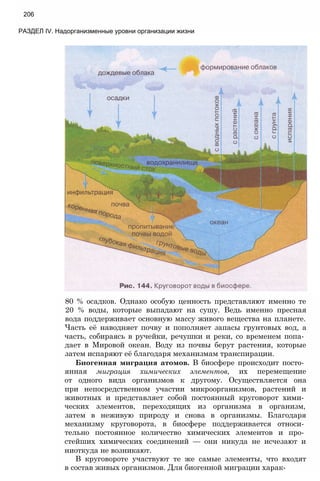 80 % осадков. Однако особую ценность представляют именно те
20 % воды, которые выпадают на сушу. Ведь именно пресная
вода поддерживает основную массу живого вещества на планете.
Часть её наводняет почву и пополняет запасы грунтовых вод, а
часть, собираясь в ручейки, речушки и реки, со временем попа­
дает в Мировой океан. Воду из почвы берут растения, которые
затем испаряют её благодаря механизмам транспирации.
Биогенная миграция атомов. В биосфере происходит посто­
янная миграция химических элементов, их перемещение
от одного вида организмов к другому. Осуществляется она
при непосредственном участии микроорганизмов, растений и
животных и представляет собой постоянный круговорот хими­
ческих элементов, переходящих из организма в организм,
затем в неживую природу и снова в организмы. Благодаря
механизму круговорота, в биосфере поддерживается относи­
тельно постоянное количество химических элементов и про­
стейших химических соединений — они никуда не исчезают и
ниоткуда не возникают.
В круговороте участвуют те же самые элементы, что входят
в состав живых организмов. Для биогенной миграции харак-
206
РАЗДЕЛ IV. Надорганизменные уровни организации жизни
 