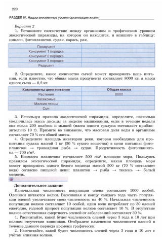 Вариант 2
1. Установите соответствие между организмом и трофическим уровнем
экологической пирамиды, на котором он находится, и впишите в таблицу:
циклоп, фитопланктон, судак, карась, рак.
220
РАЗДЕЛ IV. Надорганизменные уровни организации жизни_______________________________
2. Определите, какое количество сычей может прокормить цепь пита­
ния, если известно, что общая масса продуцента составляет 8000 кг, а масса
одного сыча — 0,2 кг.
3. Используя правило экологической пирамиды, определите, насколько
увеличилась масса лисицы за неделю мышкования, если в течение недели
она съела 200 полёвок и мышей (масса одного грызуна составляет прибли­
зительно 10 г). Примите во внимание, что массовая доля воды в организме
составляет 70 % его общей массы.
4. Определите площадь акватории реки, которая необходима для про­
питания судака массой 1 кг (30 % сухого вещества) в цепи питания: фито­
планктон → травоядная рыба → судак. Продуктивность фитопланкто­
на — 700 г/м2.
5. Биомасса планктона составляет 500 г/м2 площади моря. Пользуясь
правилом экологической пирамиды, определите, какая площадь моря
может прокормить одного белого медведя массой 500 кг (70 % составляет
вода) согласно пищевой цепи: планктон → рыба → тюлень →- белый
медведь.
Дополнительное задание
Изначальная численность популяции оленя составляет 1000 особей.
Оленями питаются волки. Выжившая к концу каждого года часть популя­
ции оленей увеличивает свою численность на 40 %. Начальная численность
популяции волков составляет 10 особей, один волк потребляет по 30 оленей
ежегодно, годовой прирост популяции волков составляет 10 %. В отсутствие
волков естественная смертность оленей от заболеваний составляет 30 %.
1. Рассчитайте, какой будет численность оленей через 3 года и 10 лет при
полном отсутствии хищников. Отобразите изменения численности оленей в
течение данного периода времени графически.
2. Рассчитайте, какой будет численность оленей через 3 года и 10 лет с
учётом влияния волков.
 