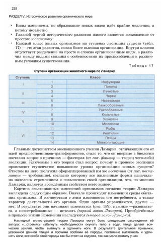 • Виды изменяемы, но образование новых видов идёт крайне медленно, а
потому незаметно.
• Главной чертой исторического развития живого является восхождение от
простого к сложному.
• Каждый класс живых организмов на ступенях лестницы существ (табл.
17) — это этап развития, новая более высокая организация. Внутри классов
отсутствует разделение на просто и сложно организованные виды, а разли­
чия между видами связаны с особенностями их приспособления к различ­
ным условиям существования.
Т а б л и ц а 1 7
Ступени организации животного мира по Ламарку
228
РАЗДЕЛ V. Историческое развитие органического мира
Главным достоинством эволюционного учения Ламарка, отличающим его от
идей предшественников-трансформистов, стало то, что он впервые в биологии
поставил вопрос о причинах — факторах (от лат. фактор — творец чего-либо)
эволюции. Ключевым в его теории стал вопрос: почему в процессе эволюции
происходит ступенчатое повышение уровня организации живых существ?
Ответом на него послужил сформулированный им же постулат (от лат. посту-
латум — требование), согласно которому все жизненные формы изначаль­
но наделены стремлением к повышению своей организации, что, по мнению
Ламарка, является врождённым свойством всего живого.
Картина эволюционных изменений организмов согласно теории Ламарка
выглядела следующим образом. Вначале происходят изменения среды обита­
ния организма. В соответствии с этим изменяются его потребности, а также
характер деятельности его органов. Одни органы упражняются, другие —
нет. В результате они начинают изменяться (рис. 159): нужные —развивать­
ся, а невостребованные — исчезать (первый закон Ламарка). Приобретённые
в процессе жизни изменения наследуются (второй закон Ламарка).
Наглядной иллюстрацией теории Ламарка могут быть следующие рассуждения её
автора: «...стремясь избегнуть необходимости окунать тело в воду, птица делает вся­
ческие усилия, чтобы вытянуть и удлинить ноги. В результате длительной привычки,
усвоенной данной птицей и прочими особями её породы, постоянно вытягивать и удли­
нять ноги, все особи этой породы как бы стоят на ходулях, так как мало-помалу у них
 