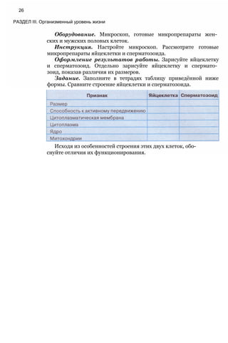 Оборудование. Микроскоп, готовые микропрепараты жен­
ских и мужских половых клеток.
Инструкция. Настройте микроскоп. Рассмотрите готовые
микропрепараты яйцеклетки и сперматозоида.
Оформление результатов работы. Зарисуйте яйцеклетку
и сперматозоид. Отдельно зарисуйте яйцеклетку и спермато­
зоид, показав различия их размеров.
Задание. Заполните в тетрадях таблицу приведённой ниже
формы. Сравните строение яйцеклетки и сперматозоида.
26
РАЗДЕЛ III. Организменный уровень жизни
Исходя из особенностей строения этих двух клеток, обо­
снуйте отличия их функционирования.
 