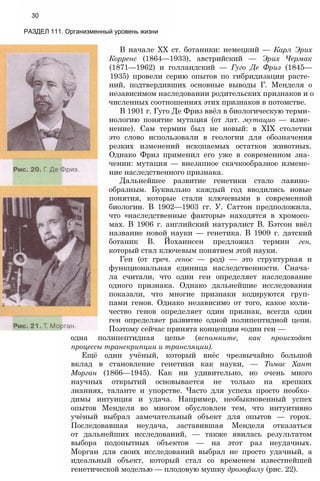 30
РАЗДЕЛ 111. Организменный уровень жизни
В начале XX ст. ботаники: немецкий — Карл Эрих
Корренс (1864—1933), австрийский — Эрих Чермак
(1871—1962) и голландский — Гуго Де Фриз (1845—
1935) провели серию опытов по гибридизации расте­
ний, подтвердивших основные выводы Г. Менделя о
независимом наследовании родительских признаков и о
численных соотношениях этих признаков в потомстве.
В 1901 г. Гуго Де Фриз ввёл в биологическую терми­
нологию понятие мутация (от лат. мутацио — изме­
нение). Сам термин был не новый: в XIX столетии
это слово использовали в геологии для обозначения
резких изменений ископаемых остатков животных.
Однако Фриз применил его уже в современном зна­
чении: мутация — внезапное скачкообразное измене­
ние наследственного признака.
Дальнейшее развитие генетики стало лавино­
образным. Буквально каждый год вводились новые
понятия, которые стали ключевыми в современной
биологии. В 1902—1903 гг. У. Саттон предположила,
что «наследственные факторы» находятся в хромосо­
мах. В 1906 г. английский натуралист В. Бэтсон ввёл
название новой науки — генетика. В 1909 г. датский
ботаник В. Йоханнсен предложил термин ген,
который стал ключевым понятием этой науки.
Ген (от греч. генос — род) — это структурная и
функциональная единица наследственности. Снача­
ла считали, что один ген определяет наследование
одного признака. Однако дальнейшие исследования
показали, что многие признаки кодируются груп­
пами генов. Однако независимо от того, какое коли­
чество генов определяет один признак, всегда один
ген определяет развитие одной полипептидной цепи.
Поэтому сейчас принята концепция «один ген —
одна полипептидная цепь» (вспомните, как происходят
процессы транскрипции и трансляции).
Ещё один учёный, который внёс чрезвычайно большой
вклад в становление генетики как науки, — Томас Хант
Морган (1866—1945). Как ни удивительно, но очень много
научных открытий основывается не только на крепких
знаниях, таланте и упорстве. Часто для успеха просто необхо­
димы интуиция и удача. Например, необыкновенный успех
опытов Менделя во многом обусловлен тем, что интуитивно
учёный выбрал замечательный объект для опытов — горох.
Последовавшая неудача, заставившая Менделя отказаться
от дальнейших исследований, — также явилась результатом
выбора подопытных объектов — на этот раз неудачных.
Морган для своих исследований выбрал не просто удачный, а
идеальный объект, который стал со временем известнейшей
генетической моделью — плодовую мушку дрозофилу (рис. 22).
 