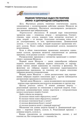 РЕШЕНИЕ ТИПИЧНЫХ ЗАДАЧ ПО ГЕНЕТИКЕ
(МОНО- И ДИГИБРИДНОЕ СКРЕЩИВАНИЯ)
Цель. Научиться решать типичные генетические задачи,
ознакомиться с иллюстрациями действия законов Менделя на
различных примерах. Научиться анализировать распределе­
ние признаков при гибридизации.
Теоретическое обоснование. В каждой паре гомологичных
хромосом одна — отцовская, вторая — материнская. Соответ­
ственно, один аллель каждого гена потомство получает от
отца, второй — от матери. Аллельные состояния генов всег­
да альтернативны, то есть противоположны. Доминантный
аллель — тот аллель гена, который подавляет проявление вто­
рого аллеля. Более слабый, подавляемый аллель называется
рецессивным.
Если в обеих гомологичных хромосомах находятся одина­
ковые аллели, организм является гомозиготным по данному
признаку, если разные аллели — гетерозиготным.
Распределение признаков у потомства происходит в соответ­
ствии с законами Менделя.
Первый закон Менделя — закон единообразия гибридов
первого поколения: гибриды первого поколения от скрещи­
вания чистых линий одинаковы по генотипу и фенотипу. По
фенотипу все гибриды первого поколения характеризуются
доминантным признаком, по генотипу всё первое поколение
гибридов является гетерозиготами.
Второй закон Менделя — закон расщепления: при скрещи­
вании гибридов первого поколения друг с другом наблюдается
расщепление признаков в соотношении 3:1.
Третий закон Менделя — закон независимого наследования:
каждая пара признаков наследуется независимо от других пар.
Пример решения задачи. У кошки длинная шерсть —
рецессивный признак по отношению к короткой шерсти. Гомо­
зиготную длинношёрстную кошку скрестили с гетерозиготным
котом и получили в помёте 8 котят.
Дайте ответы на вопросы:
а) сколько типов гамет образуется у кота?
б) сколько типов гамет образуется у кошки?
в) сколько генотипов будет у котят?
г) сколько фенотипов будет у котят?
д) сколько родится котят с длинной шерстью?
Обозначим ген длины шерсти буквой А. Доминантный при­
знак — короткая шерсть, аллель А. Рецессивный признак —
длинная шерсть, аллель а.
Кошка гомозиготна по длинношёрстности, значит, у неё
генотип аа. Кот гетерозиготен — генотип Аа.
70
РАЗДЕЛ III. Организменный уровень жизни
 