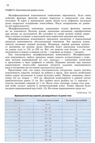 Модификационной изменчивости свойственна обратимость. Если снять
действие фактора, фенотип должен вернуться в нормальное для вида
состояние. В горах в эритроцитах крови людей из-за дефицита кислорода
резко возрастает содержание гемоглобина. После возвращения на равни­
ну всё нормализуется.
Модификационные изменения затрагивают только фенотип, генотип
же не изменяется. Поэтому всякие изменения организма, приобретённые
при жизни, не наследуются. Не случайно из семян мелких особей, вырос­
ших в плохих условиях, в идеальной среде вырастают крупные растения.
Модификационная изменчивость признаков заключена в определённый
диапазон изменчивости, обусловленный генотипом. Эти пределы измен­
чивости называют нормой реакции. Например, нормой реакции мужско­
го организма на вызовы среды обитания будут диапазоны изменчивос­
ти длины тела от 155 до 220 см. Всё, что меньше или больше — это уже
отклонения от нормы: в первом случае — карлики, во втором — гиганты.
Как анализировать модификационную изменчивость. Модификацион-
ную изменчивость любого признака можно описать количественно с помо­
щью методов вариационной (от лат. вариацио — изменение) статистики
и представить в виде графиков и таблиц. Первыми шагами при анализе
изменчивости какого-либо признака является создание вариационного
ряда и построение на его основе вариационной кривой.
Представим себе, что перед исследователем поставлена задача изучить
изменчивость карасей, которых он поймал в пруду. Для начала необходимо
найти самую маленькую и самую большую рыбы. Первая, например, имеет
длину 8,2 см, вторая — 18,3 см. Диапазон изменчивости в данном случае
приблизительно равен 11 см. Его удобнее всего разбить на 11 отрезков —
классов значений, каждый по 1 см. После этого значение длины тела каж­
дой особи следует занести в соответствующий класс. Таким образом будет
построен вариационный ряд (табл. 12). На основе вариационного ряда лег-
Т а б л и ц а 1 2
Вариационный ряд карасей, распределённых по длине тела
76
РАЗДЕЛ III. Организменный уровень жизни
 
