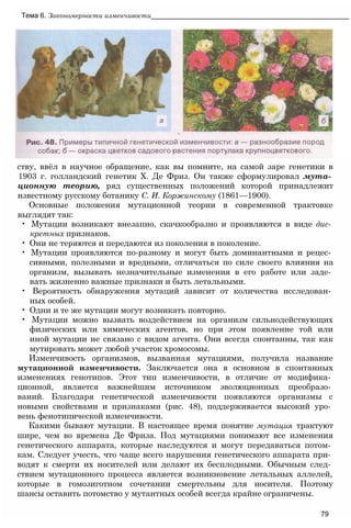 ству, ввёл в научное обращение, как вы помните, на самой заре генетики в
1903 г. голландский генетик X. Де Фриз. Он также сформулировал мута­
ционную теорию, ряд существенных положений которой принадлежит
известному русскому ботанику С. И. Коржинскому (1861—1900).
Основные положения мутационной теории в современной трактовке
выглядят так:
• Мутации возникают внезапно, скачкообразно и проявляются в виде дис­
кретных признаков.
• Они не теряются и передаются из поколения в поколение.
• Мутации проявляются по-разному и могут быть доминантными и рецес­
сивными, полезными и вредными, отличаться по силе своего влияния на
организм, вызывать незначительные изменения в его работе или заде­
вать жизненно важные признаки и быть летальными.
• Вероятность обнаружения мутаций зависит от количества исследован­
ных особей.
• Одни и те же мутации могут возникать повторно.
• Мутации можно вызвать воздействием на организм сильнодействующих
физических или химических агентов, но при этом появление той или
иной мутации не связано с видом агента. Они всегда спонтанны, так как
мутировать может любой участок хромосомы.
Изменчивость организмов, вызванная мутациями, получила название
мутационной изменчивости. Заключается она в основном в спонтанных
изменениях генотипов. Этот тип изменчивости, в отличие от модифика­
ционной, является важнейшим источником эволюционных преобразо­
ваний. Благодаря генетической изменчивости появляются организмы с
новыми свойствами и признаками (рис. 48), поддерживается высокий уро­
вень фенотипической изменчивости.
Какими бывают мутации. В настоящее время понятие мутация трактуют
шире, чем во времена Де Фриза. Под мутациями понимают все изменения
генетического аппарата, которые наследуются и могут передаваться потом­
кам. Следует учесть, что чаще всего нарушения генетического аппарата при­
водят к смерти их носителей или делают их бесплодными. Обычным след­
ствием мутационного процесса является возникновение летальных аллелей,
которые в гомозиготном сочетании смертельны для носителя. Поэтому
шансы оставить потомство у мутантных особей всегда крайне ограничены.
79
Тема 6. Закономерности изменчивости___________________________________________________
 
