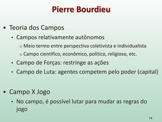  Teoria dos Campos
• Campos relativamente autônomos
o Meio termo entre perspectiva coletivista e individualista
o Campo científico, econômico, político, religioso, etc.
• Campo de Forças: restringe as ações
• Campo de Luta: agentes competem pelo poder (capital)
 Campo X Jogo
• No campo, é possível lutar para mudar as regras do
jogo
14
Pierre Bourdieu
 