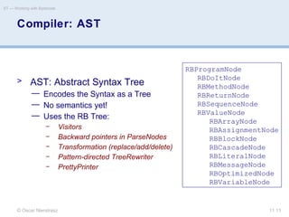 © Oscar Nierstrasz
ST — Working with Bytecode
11.11
Compiler: AST
> AST: Abstract Syntax Tree
— Encodes the Syntax as a Tree
— No semantics yet!
— Uses the RB Tree:
– Visitors
– Backward pointers in ParseNodes
– Transformation (replace/add/delete)
– Pattern-directed TreeRewriter
– PrettyPrinter
RBProgramNode
RBDoItNode
RBMethodNode
RBReturnNode
RBSequenceNode
RBValueNode
RBArrayNode
RBAssignmentNode
RBBlockNode
RBCascadeNode
RBLiteralNode
RBMessageNode
RBOptimizedNode
RBVariableNode
 