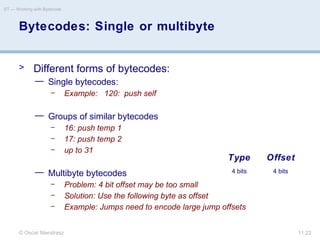 © Oscar Nierstrasz
ST — Working with Bytecode
11.22
Bytecodes: Single or multibyte
> Different forms of bytecodes:
— Single bytecodes:
– Example: 120: push self
— Groups of similar bytecodes
– 16: push temp 1
– 17: push temp 2
– up to 31
— Multibyte bytecodes
– Problem: 4 bit offset may be too small
– Solution: Use the following byte as offset
– Example: Jumps need to encode large jump offsets
Type Offset
4 bits 4 bits
 