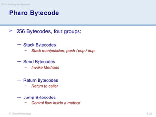 © Oscar Nierstrasz
ST — Working with Bytecode
11.25
Pharo Bytecode
> 256 Bytecodes, four groups:
— Stack Bytecodes
– Stack manipulation: push / pop / dup
— Send Bytecodes
– Invoke Methods
— Return Bytecodes
– Return to caller
— Jump Bytecodes
– Control flow inside a method
 