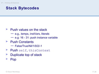 © Oscar Nierstrasz
ST — Working with Bytecode
11.26
Stack Bytecodes
> Push values on the stack
— e.g., temps, instVars, literals
— e.g: 16 - 31: push instance variable
> Push Constants
— False/True/Nil/1/0/2/-1
> Push self, thisContext
> Duplicate top of stack
> Pop
 