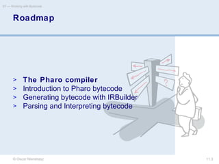 © Oscar Nierstrasz
ST — Working with Bytecode
11.3
Roadmap
> The Pharo compiler
> Introduction to Pharo bytecode
> Generating bytecode with IRBuilder
> Parsing and Interpreting bytecode
 
