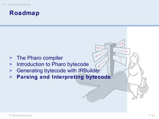 © Oscar Nierstrasz
ST — Working with Bytecode
11.43
Roadmap
> The Pharo compiler
> Introduction to Pharo bytecode
> Generating bytecode with IRBuilder
> Parsing and Interpreting bytecode
 