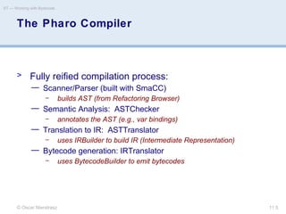 © Oscar Nierstrasz
ST — Working with Bytecode
11.5
The Pharo Compiler
> Fully reified compilation process:
— Scanner/Parser (built with SmaCC)
– builds AST (from Refactoring Browser)
— Semantic Analysis: ASTChecker
– annotates the AST (e.g., var bindings)
— Translation to IR: ASTTranslator
– uses IRBuilder to build IR (Intermediate Representation)
— Bytecode generation: IRTranslator
– uses BytecodeBuilder to emit bytecodes
 