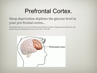 Prefrontal Cortex.
Sleep deprivation depletes the glucose level in
your pre-frontal cortex...
Christopher Barnes et al. Lack of Sleep and Unethical Conduct. Organizational Behavior and
Human Decision Making Processes (115) 2011 169-180
 