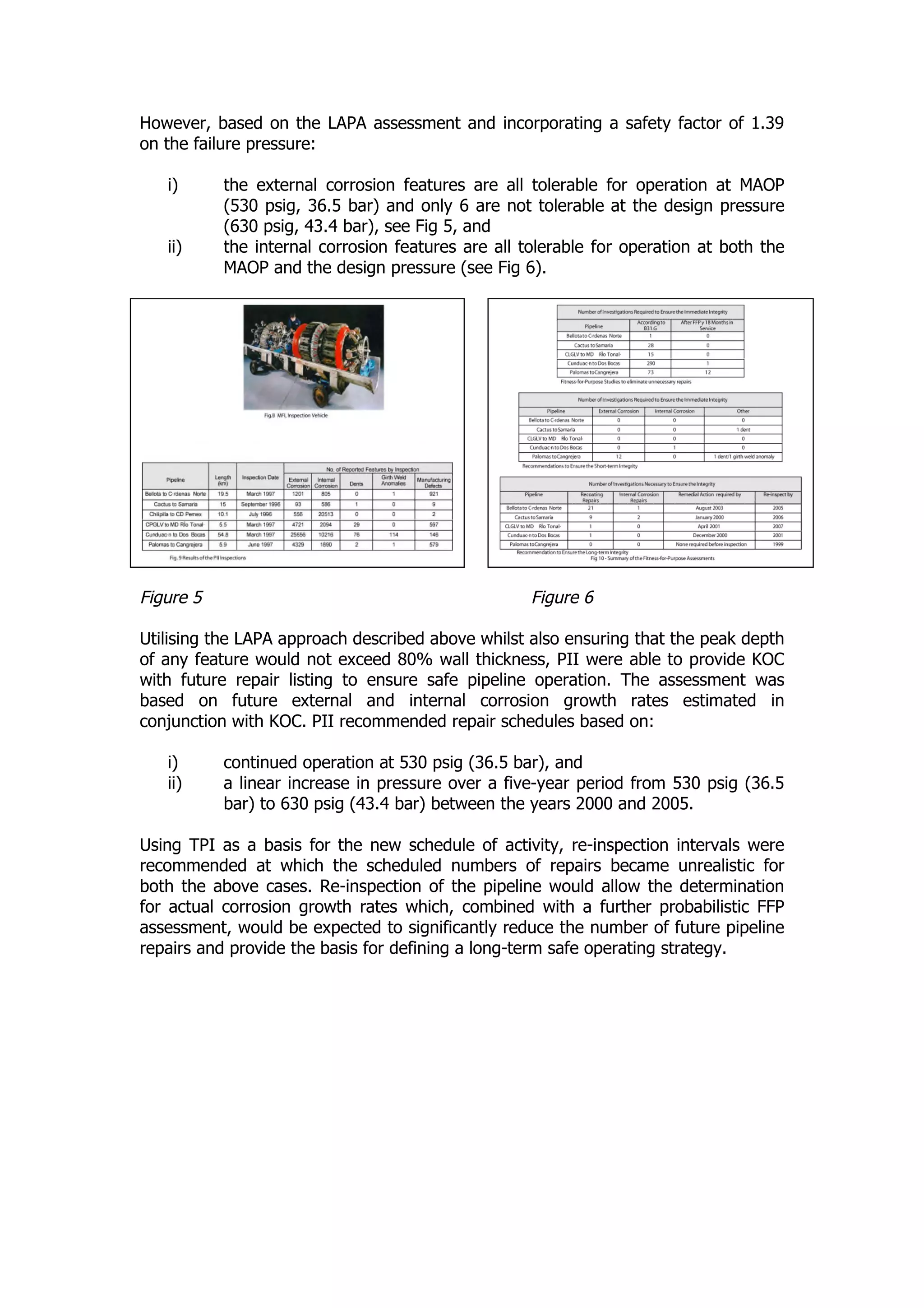 However, based on the LAPA assessment and incorporating a safety factor of 1.39
on the failure pressure:
i) the external corrosion features are all tolerable for operation at MAOP
(530 psig, 36.5 bar) and only 6 are not tolerable at the design pressure
(630 psig, 43.4 bar), see Fig 5, and
ii) the internal corrosion features are all tolerable for operation at both the
MAOP and the design pressure (see Fig 6).
Figure 5 Figure 6
Utilising the LAPA approach described above whilst also ensuring that the peak depth
of any feature would not exceed 80% wall thickness, PII were able to provide KOC
with future repair listing to ensure safe pipeline operation. The assessment was
based on future external and internal corrosion growth rates estimated in
conjunction with KOC. PII recommended repair schedules based on:
i) continued operation at 530 psig (36.5 bar), and
ii) a linear increase in pressure over a five-year period from 530 psig (36.5
bar) to 630 psig (43.4 bar) between the years 2000 and 2005.
Using TPI as a basis for the new schedule of activity, re-inspection intervals were
recommended at which the scheduled numbers of repairs became unrealistic for
both the above cases. Re-inspection of the pipeline would allow the determination
for actual corrosion growth rates which, combined with a further probabilistic FFP
assessment, would be expected to significantly reduce the number of future pipeline
repairs and provide the basis for defining a long-term safe operating strategy.
 