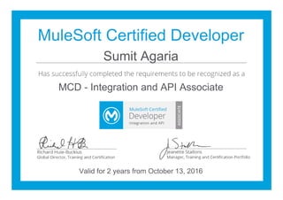 MuleSoft Certified Developer
Sumit Agaria
MCD - Integration and API Associate
Valid for 2 years from October 13, 2016
 