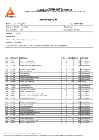 ANO SÉRIE/SEM DISCIPLINAS C.H. % FREQ MÉDIA SITUAÇÃO
2008 5ª/1º Sem Elementos de Máquinas(*) 60 -- 7,80 Aprov. de Estudos
2008 5ª/1º Sem Fenômenos de Transporte(*) 80 -- 5,20 Aprov. de Estudos
1993 5ª/1º Sem Métodos Matemáticos para Engenharia(**) 40 -- 5,00 Aprov. de Estudos
1994 6ª/2º Sem Atividades Complementares(**) 30 100 ---- Aprov. de Estudos
2006 6ª/2º Sem Eletrônica Analógica I(*) 80 -- 6,90 Aprov. de Estudos
2002 6ª/2º Sem Eletrônica Digital(*) 80 -- 7,50 Aprov. de Estudos
2009 6ª/2º Sem Mecânica Aplicada(*) 60 -- 5,00 Aprov. de Estudos
2014 6ª/2º Sem Sistemas Hidráulicos e Pneumáticos(***) 80 -- 5,50 Aprov. de Estudos
2005 6ª/2º Sem Termodinâmica Aplicada(*) 60 -- 6,10 Aprov. de Estudos
2015 6ª/2º Sem Análise Linear de Sistemas 40 95 9,30 Aprovado
2006 7ª/1º Sem Eletromagnetismo(*) 60 -- 8,20 Aprov. de Estudos
2009 7ª/1º Sem Eletrônica Analógica II(*) 80 -- 6,30 Aprov. de Estudos
2015 7ª/1º Sem Estágio Supervisionado I(***) 140 -- 0,00 Aprov. de Estudos
2005 7ª/1º Sem Materiais Eletroeletrônicos(*) 60 -- 8,00 Aprov. de Estudos
2015 7ª/1º Sem Microprocessadores e Microcontroladores(***) 60 -- 8,60 Aprov. de Estudos
2015 7ª/1º Sem Modelagem, Análise e Simulações de Sistemas(***) 80 -- 9,10 Aprov. de Estudos
2004 7ª/1º Sem Resistência dos Materiais(*) 40 -- 5,20 Aprov. de Estudos
2014 8ª/2º Sem Controle e Servomecanismo I(***) 80 -- 10,00 Aprov. de Estudos
2008 8ª/2º Sem Eletrônica de Potência(*) 60 -- 7,30 Aprov. de Estudos
2014 8ª/2º Sem Estágio Supervisionado II(***) 140 -- 0,00 Aprov. de Estudos
2008 8ª/2º Sem Instalação Elétricas(*) 40 -- 5,00 Aprov. de Estudos
2012 8ª/2º Sem Instrumentação Industrial(**) 60 -- 7,70 Aprov. de Estudos
2007 8ª/2º Sem Máquinas Elétricas e Acionamentos(*) 80 -- 5,60 Aprov. de Estudos
2006 8ª/2º Sem Processos de Fabricação I(*) 60 -- 8,00 Aprov. de Estudos
2008 9ª/1º Sem Controle de Processos I(*) 60 -- 10,00 Aprov. de Estudos
2012 9ª/1º Sem Controle e Servomecanismos II(**) 80 -- 8,70 Aprov. de Estudos
2005 9ª/1º Sem Processos de Fabricação II(*) 60 -- 8,50 Aprov. de Estudos
Campinas/SP - Unidade 4
FACULDADE ANHANGUERA DE CAMPINAS
Unidade IV: Rua Emília Stefanelli Ceregatti, s/n, Jd. Morumbi, Campinas - SP, CEP 13052-100 - Tel.: (19) 3512-3300
Curso:
Regime:
Engenharia de Controle e Automação
Autorizado pela Portaria SESu nº 399, de 02/02/2006, publicada no D.O.U. de 03/02/2006
Semestral
Natural do Estado: Nascimento:São Paulo
Ingresso:
Classificação: 1
07/2014
9678460851RA:jose pedro gomesNome:
Doc. Identidade: Nacionalidade: brasileiraSP
HISTÓRICO ESCOLAR
Este documento foi assinado digitalmente por ANA LUCIA DE AVELINO.
Se impresso, para conferência acesse o site http://sada.anhanguera.com e informe o código de documento: 59E8C41F65A849CB8FE4023C735D80C9.
 