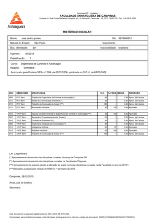 ANO SÉRIE/SEM DISCIPLINAS C.H. % FREQ MÉDIA SITUAÇÃO
2006 9ª/1º Sem Projetos de Engenharia de Controle e Automação(*) 40 -- 7,40 Aprov. de Estudos
2012 9ª/1º Sem Redes de Comunicação Industrial(**) 60 -- 6,00 Aprov. de Estudos
2015 9ª/1º Sem Trabalho de Conclusão de Curso I(***) 130 -- 0,00 Aprov. de Estudos
2015 9ª/2º Sem Automação Industrial 80 100 8,40 Aprovado
2015 10ª/1º Sem Tópicos Complementares de Engenharia de Controle e Automação(****) 40 100 8,00 Aprovado
2007 10ª/2º Sem Aquisição e Processamentos de Sinais(*) 60 -- 5,20 Aprov. de Estudos
2003 10ª/2º Sem Controle de Processos II(*) 80 -- 5,90 Aprov. de Estudos
2009 10ª/2º Sem Engenharia Integrada por Computador(*) 80 -- 5,50 Aprov. de Estudos
2015 10ª/2º Sem Inteligência Artificial 60 97 8,60 Aprovado
2015 10ª/2º Sem Robótica Industrial 60 100 9,60 Aprovado
2014 10ª/2º Sem Trabalho de Conclusão de Curso II(***) 130 -- 5,00 Aprov. de Estudos
Ana Lucia de Avelino
Secretaria
Campinas, 28/12/2015
(*) Aproveitamento de estudos das disciplinas cursadas Unicamp de Campinas SP.
(**) Aproveitamento de estudos das disciplinas cursadas na Faculdades Pitagoras.
(***) Aproveitamento de estudos devido a alteração de grade curricular,disciplinas cursadas nesta Faculdade no ano de 2015/1.
(****) Disciplina cursada pelo módulo de RDR no 1ª semestre de 2015.
C.H. Carga Horária
Campinas/SP - Unidade 4
FACULDADE ANHANGUERA DE CAMPINAS
Unidade IV: Rua Emília Stefanelli Ceregatti, s/n, Jd. Morumbi, Campinas - SP, CEP 13052-100 - Tel.: (19) 3512-3300
Curso:
Regime:
Engenharia de Controle e Automação
Autorizado pela Portaria SESu nº 399, de 02/02/2006, publicada no D.O.U. de 03/02/2006
Semestral
Natural do Estado: Nascimento:São Paulo
Ingresso:
Classificação: 1
07/2014
9678460851RA:jose pedro gomesNome:
Doc. Identidade: Nacionalidade: brasileiraSP
HISTÓRICO ESCOLAR
Este documento foi assinado digitalmente por ANA LUCIA DE AVELINO.
Se impresso, para conferência acesse o site http://sada.anhanguera.com e informe o código de documento: 59E8C41F65A849CB8FE4023C735D80C9.
 