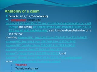 Anatomy of a claim
Example: US 7,671,030 (VYVANSE)
A composition1
comprising2
an amount of from 25 to 75 mg of L-lysine-d-amphetamine or a salt
thereof and having an amphetamine base amount of from 7.37 to
22.1 mg of said amphetamine3
, said L-lysine-d-amphetamine or a
salt thereof
providing a mean AUC0-12h(ng h/mL) from 205.4±42.5 to 611.5±104.53
,
a mean AUClast(ng h/mL) from 396.7±84.8 to 1237.0±194.03
,
a mean AUCinf(ng h/mL) from 415.0±80.1 to 1259.5±191.33
,
a mean Cmax(ng/mL) from 25.0±5.6 to 74.0±12.93
,
a mean Tmax(hours) from 3.1±0.876 to 3.9±1.03
, and
a mean T1/2(hours) from 9.68±1.43 to 10.3±1.7 of amphetamine3
when orally administered to a human subject3
.
1. Preamble
2. Transitional phrase
 