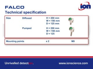 Technical specification
Size
Mounting points
Diffused
x 2 M8
Pumped
H = 200 mm
W = 190 mm
D = 125 mm
H = 290 mm
W = 190 mm
D = 125
 