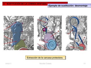 Desmontaje de la cubierta (fig. 11.14)
Nicolás Colado 1103/02/17
2. SUSTITUCIÓN DE LA CORREA DENTADA.
Ejemplo de sustitución: desmontajeEjemplo de sustitución: desmontaje
Extracción de la carcasa protectora.Extracción de la carcasa protectora.
 