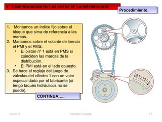 Nicolás Colado 1703/02/17
3. COMPROBACION DE LAS COTAS DE LA DISTRIBUCION.
Procedimiento.Procedimiento.
1. Montamos un índice fijo sobre el
bloque que sirva de referencia a las
marcas.
2. Marcamos sobre el volante de inercia
el PMI y el PMS.
• El pistón nº 1 está en PMS si
coinciden las marcas de la
distribución.
• El PMI está en el lado opuesto.
3. Se hace el reglaje del juego de
válvulas del cilindro 1 con un valor
especial dado por el fabricante (si
tengo taqués hidráulicos no se
puede).
1. Montamos un índice fijo sobre el
bloque que sirva de referencia a las
marcas.
2. Marcamos sobre el volante de inercia
el PMI y el PMS.
• El pistón nº 1 está en PMS si
coinciden las marcas de la
distribución.
• El PMI está en el lado opuesto.
3. Se hace el reglaje del juego de
válvulas del cilindro 1 con un valor
especial dado por el fabricante (si
tengo taqués hidráulicos no se
puede).
CONTINUA…..CONTINUA…..
 