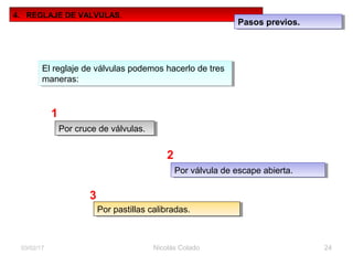Nicolás Colado 2403/02/17
4. REGLAJE DE VALVULAS.
Pasos previos.Pasos previos.
El reglaje de válvulas podemos hacerlo de tres
maneras:
El reglaje de válvulas podemos hacerlo de tres
maneras:
Por cruce de válvulas.Por cruce de válvulas.
Por válvula de escape abierta.Por válvula de escape abierta.
Por pastillas calibradas.Por pastillas calibradas.
2
1
3
 