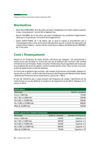 14 | Catàleg de Serveis 2015
Programa | Protecció de la Salut | Sanitat ambiental | Pt01
Normativa
•	 Reial decret 865/2003, de 4 de juliol, pel qual s’estableixen els criteris higienicosanita-
ris per a la prevenció i control de la legionel·losi.
•	 Decret 352/2004, de 27 de juliol, pel qual s’estableixen les condicions higienicosani-
tàries per a la prevenció i el control de la legionel·losi.
•	 Ordre SCO/317/2003, de 7 de febrer, per la qual es regula el procediment per a
l’homologació dels cursos de formació del personal que du a terme les operacions de
manteniment higiènic i sanitari de les instal·lacions objecte del Reial decret 909/2001,
de 27 de juliol.
Cost i finançament
Aquest és un Programa de servei directe cofinançat per Dipsalut i els ajuntaments a
través d’una taxa variable en funció del cens de la població del municipi i del nombre
d’instal·lacions sol·licitades. Podeu consultar l’Ordenança fiscal reguladora de la taxa per
a la prestació del servei de gestió i control d’instal·lacions d’alt i baix risc per a la trans-
missió de legionel·losi al web de Dipsalut.
En funció de la població del municipi i del nombre d’actuacions sol·licitades, Dipsalut fi-
nança entre un 30 % i un 90 % del cost d’actuació del Programa de Manteniment, Neteja
i Desinfecció Preventiva de les Instal·lacions, que és de 1.100 €.
El cost de referència per a cada actuació del Programa de neteja i desinfecció de les
instal·lacions en cas de detectar la presència de legionel·la és de 650 €. Dipsalut en fi-
nança un 50 %.
Tarifa bàsica
Municipis Tarifa € / actuació
Fins a 1.500 hab. 110,00
De 1.501 a 5.000 hab. 220,00
De 5.001 a 15.000 hab. 330,00
De 15.001 a 25.000 hab. 440,00
Més de 25.000 hab. 550,00
Tarifa a partir d’un nombre d’actuacions
Municipis Tarifa € / actuació Nombre d’actuacions
Fins a 1.500 hab. 330,00 Superior a 3
De 1.501 a 5.000 hab. 440,00 Superior a 3
De 5.001 a 15.000 hab. 550,00 Superior a 4
De 15.001 a 25.000 hab. 660,00 Superior a 5
Més de 25.000 hab. 770,00 Superior a 10
 