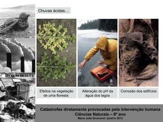 Chuvas ácidas…




Efeitos na vegetação      Alteração do pH da          Corrosão dos edifícios
  de uma floresta           água dos lagos


Catástrofes diretamente provocadas pela intervenção humana
                  Ciências Naturais – 8º ano
                       Maria João Drumond / janeiro 2012
 