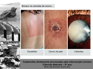 Buraco na camada de ozono…




    Escaldões          Cancro de pele                 Cataratas




Catástrofes diretamente provocadas pela intervenção humana
                  Ciências Naturais – 8º ano
                  Maria João Drumond / janeiro 2012
 