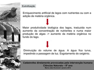 Eutrofização

Enriquecimento artificial de lagos com nutrientes ou com a
adição de matéria orgânica.



Maior produtividade biológica dos lagos, traduzida num
aumento da concentração de nutrientes e numa maior
produção de algas -> aumento da matéria orgânica no
fundo do lago.




 Diminuição do volume de água. A água fica turva,
 impedindo a passagem de luz. Esgotamento do oxigénio.


Catástrofes diretamente provocadas pela intervenção humana
                  Ciências Naturais – 8º ano
                  Maria João Drumond / janeiro 2012
 