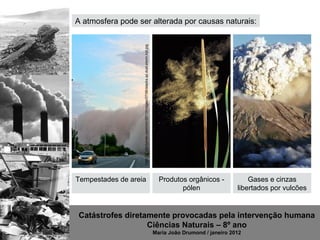 A atmosfera pode ser alterada por causas naturais:




                   http://i2.cdn.turner.com/cnn/2011/images/07/06/stacks.az.dust.storm.irpt.jpg




Tempestades de areia                                                                                Produtos orgânicos -             Gases e cinzas
                                                                                                           pólen                 libertados por vulcões


Catástrofes diretamente provocadas pela intervenção humana
                  Ciências Naturais – 8º ano
                                                                                                  Maria João Drumond / janeiro 2012
 